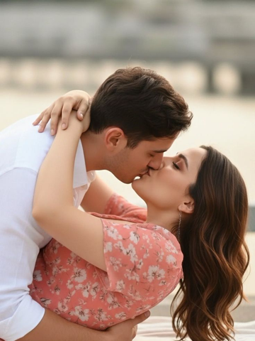Couple kissing outdoors, representing 6 signs of a healthy sex life in a romantic moment.