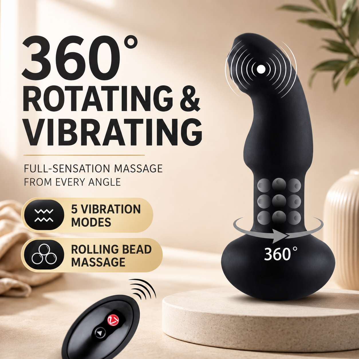 360° Rotating Prostate Massager with Rolling Beads, Remote Control