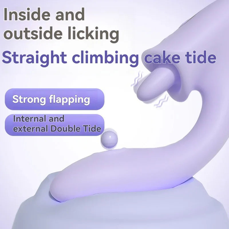 Light purple adult toy with dual stimulation design, labeled for internal and external use, on white background.