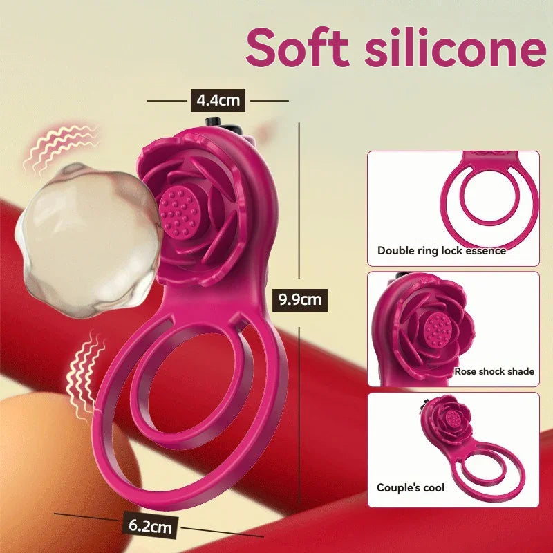 Pink silicone vibrating ring for couples, rose design, double ring, product dimensions shown.