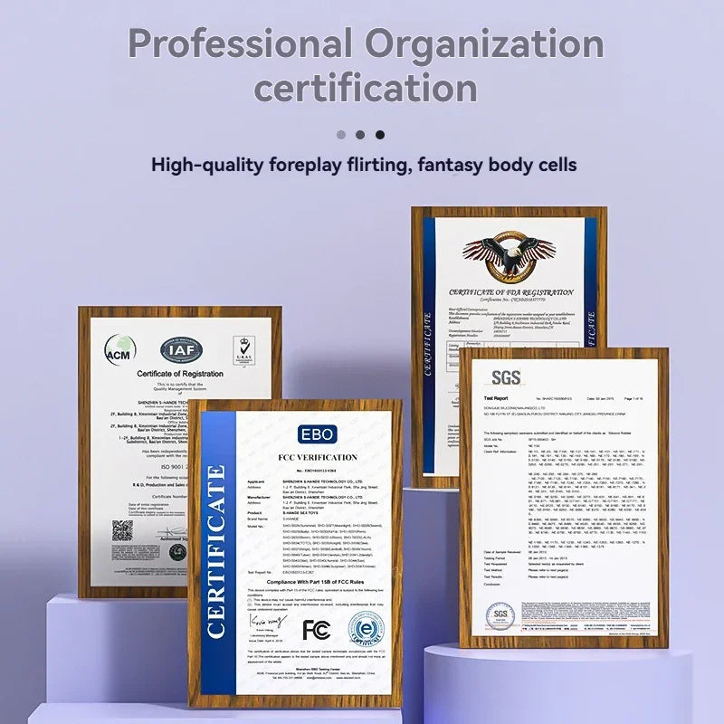 Four professional certification documents for adult wellness products on display with a lavender background.