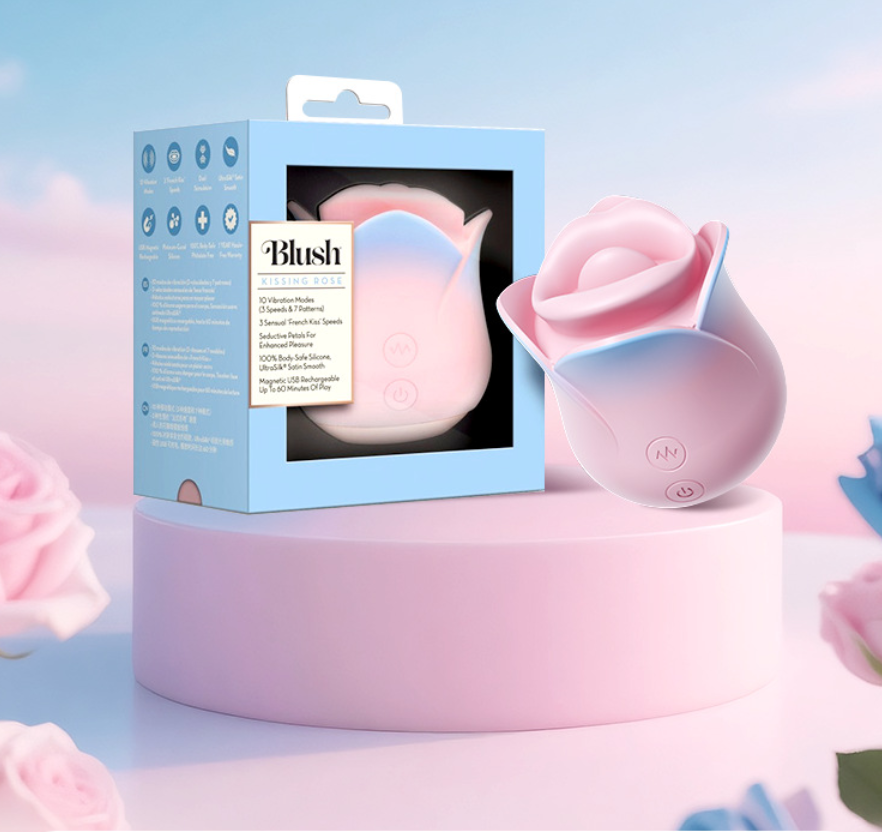 Pink Blue Rose Heated Tongue Clit Vibrator packaging on display with rose design and key features listed.