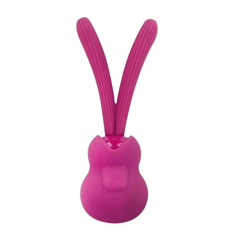 Pink silicone dual-prong adult massager with textured flexible tips on white background