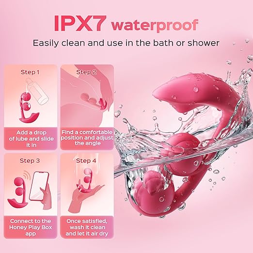 Melody Wearable G Spot Vibrator shown with IPX7 waterproof features, easy cleaning instructions, and remote app controls.