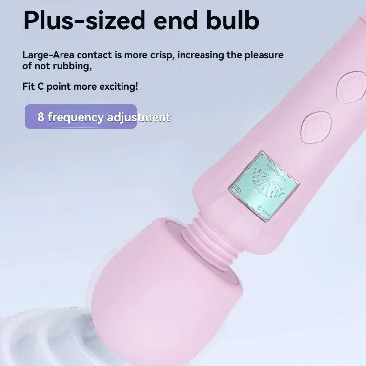Pink wand massager with large end bulb, digital display, and 8 frequency settings