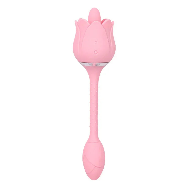 Pink silicone rose-shaped adult wellness massager with long textured handle