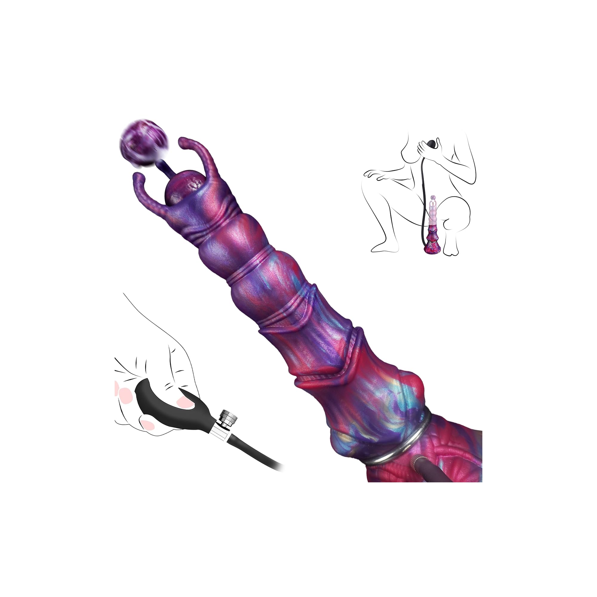 10 Inflatable Ovipositor Dildo with 4 eggs and suction cup in vibrant colors.