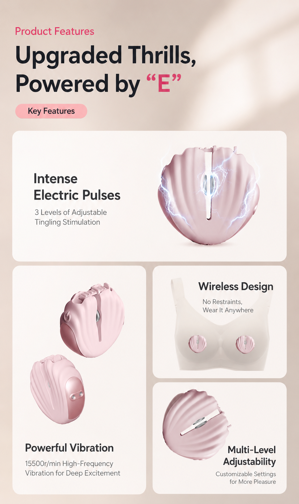 Pink Shell Nipple Clamps with Vibration & Electric Shock