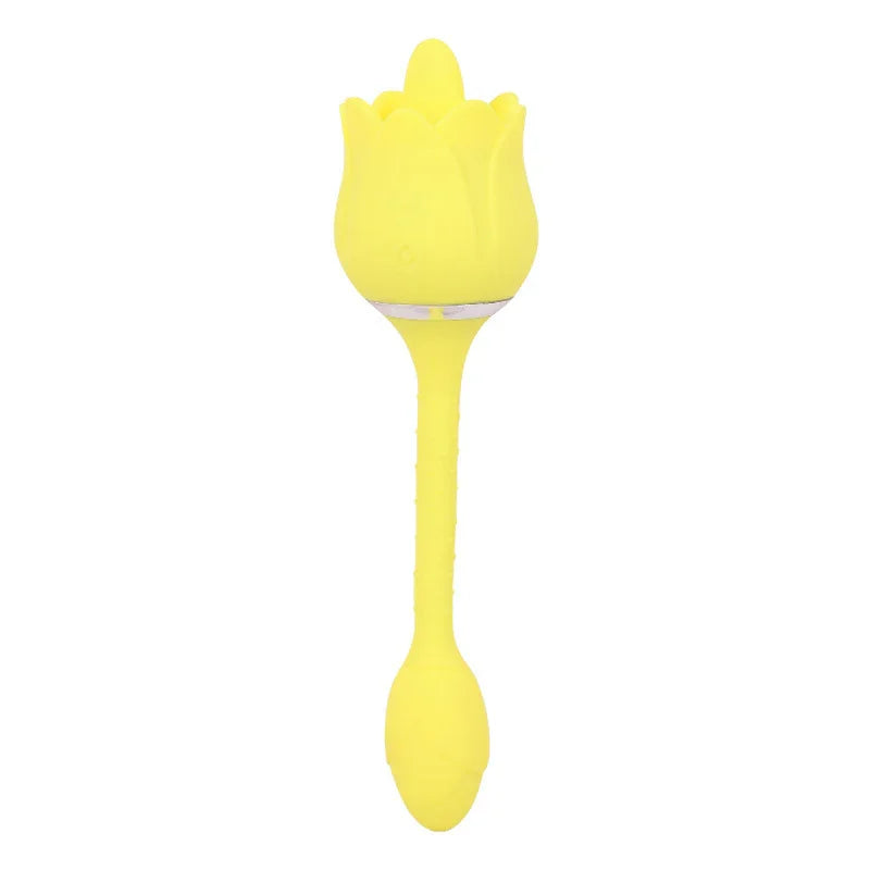 Yellow silicone flower-shaped personal massager with long handle on white background