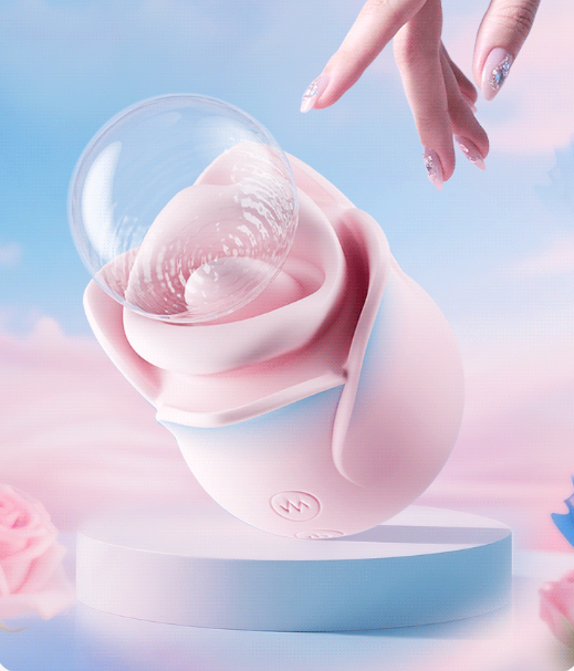 Pink Blue Rose Heated Tongue Clit Vibrator displayed with bubble effect on a light background.