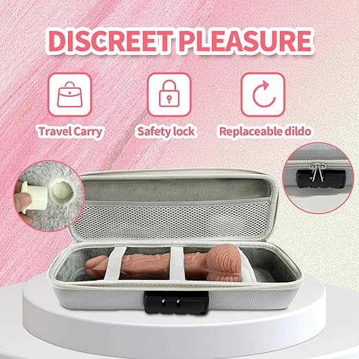 Plush Teddy Bear Pillow Thrusting Dildo in travel case with safety lock, replaceable dildo feature, and travel-friendly design.