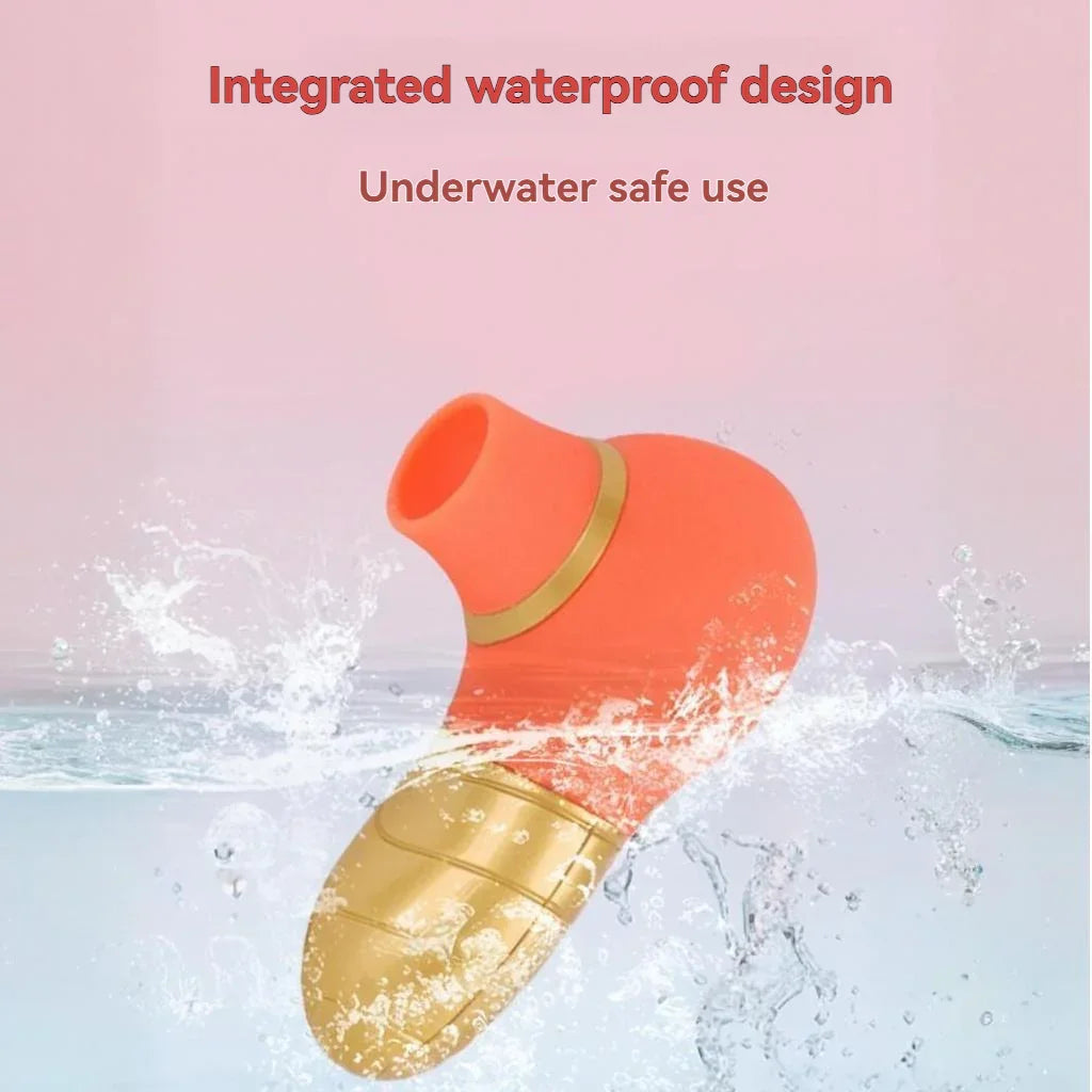 Waterproof orange and gold intimate massager splashing in water, pink background