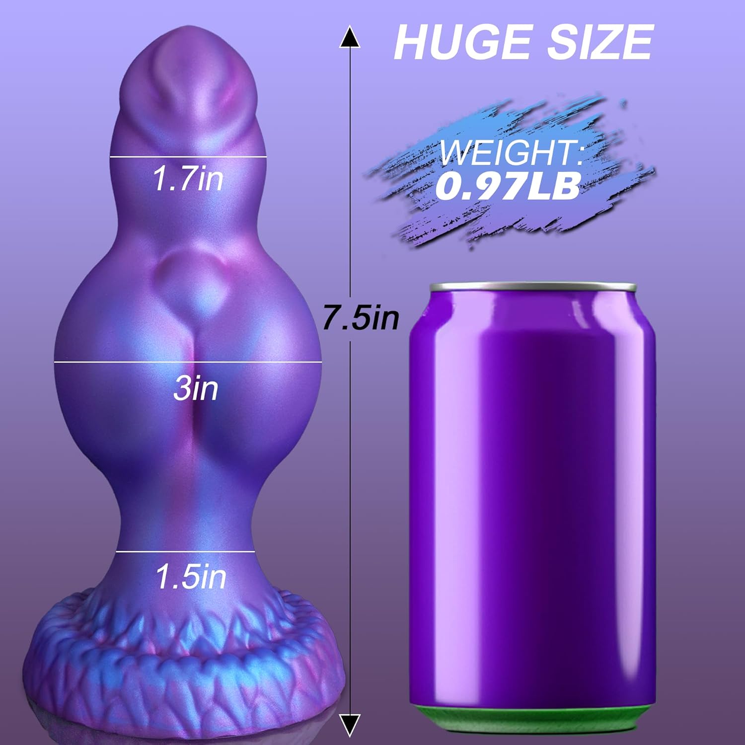 Thick Silicone Fantasy Knot Dildo displayed next to a can for size comparison, highlighting huge dimensions and weight of 0.97LB.