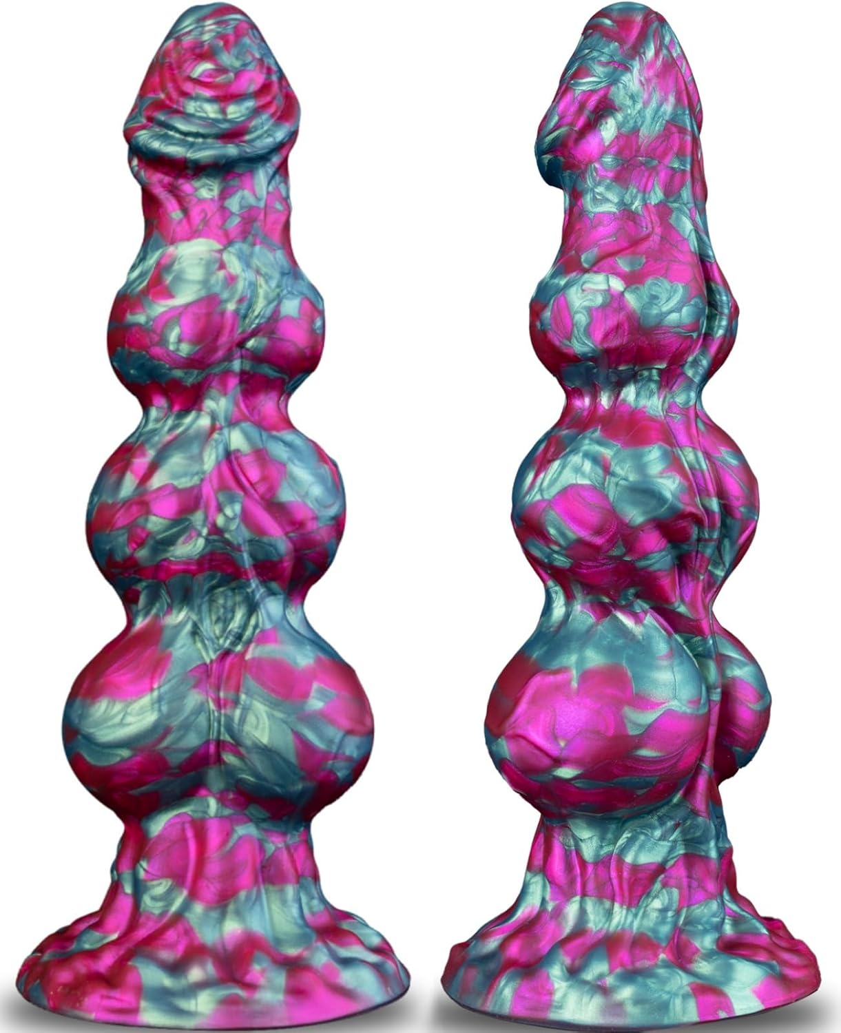 XL Silicone Fantasy Knot Dildo with 3 knots designed for G-Spot and anal use, showcasing colorful silicone texture.