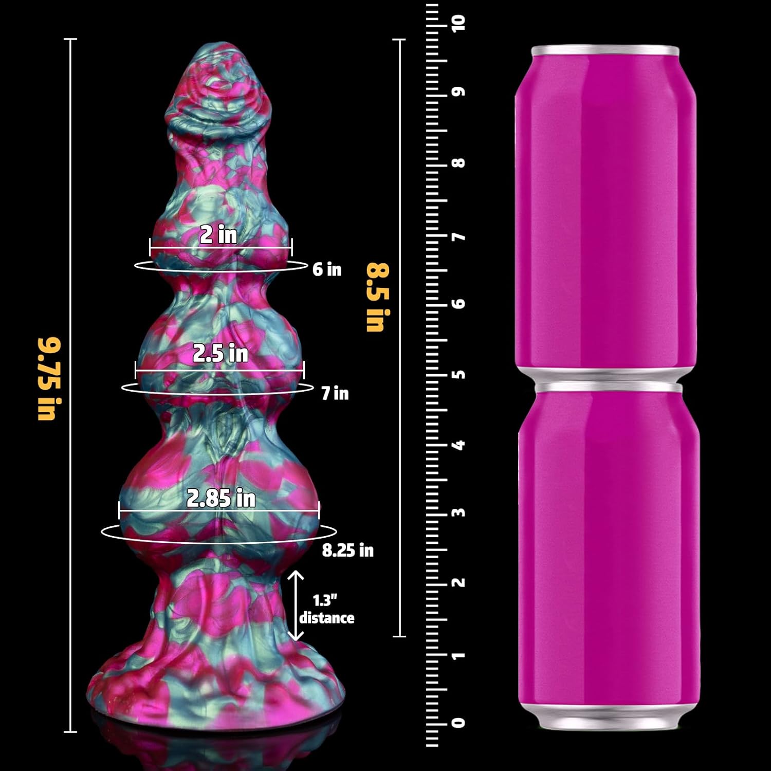 XL Silicone Fantasy Knot Dildo with measurements next to pink cans for size comparison, showing 9.75 in height.