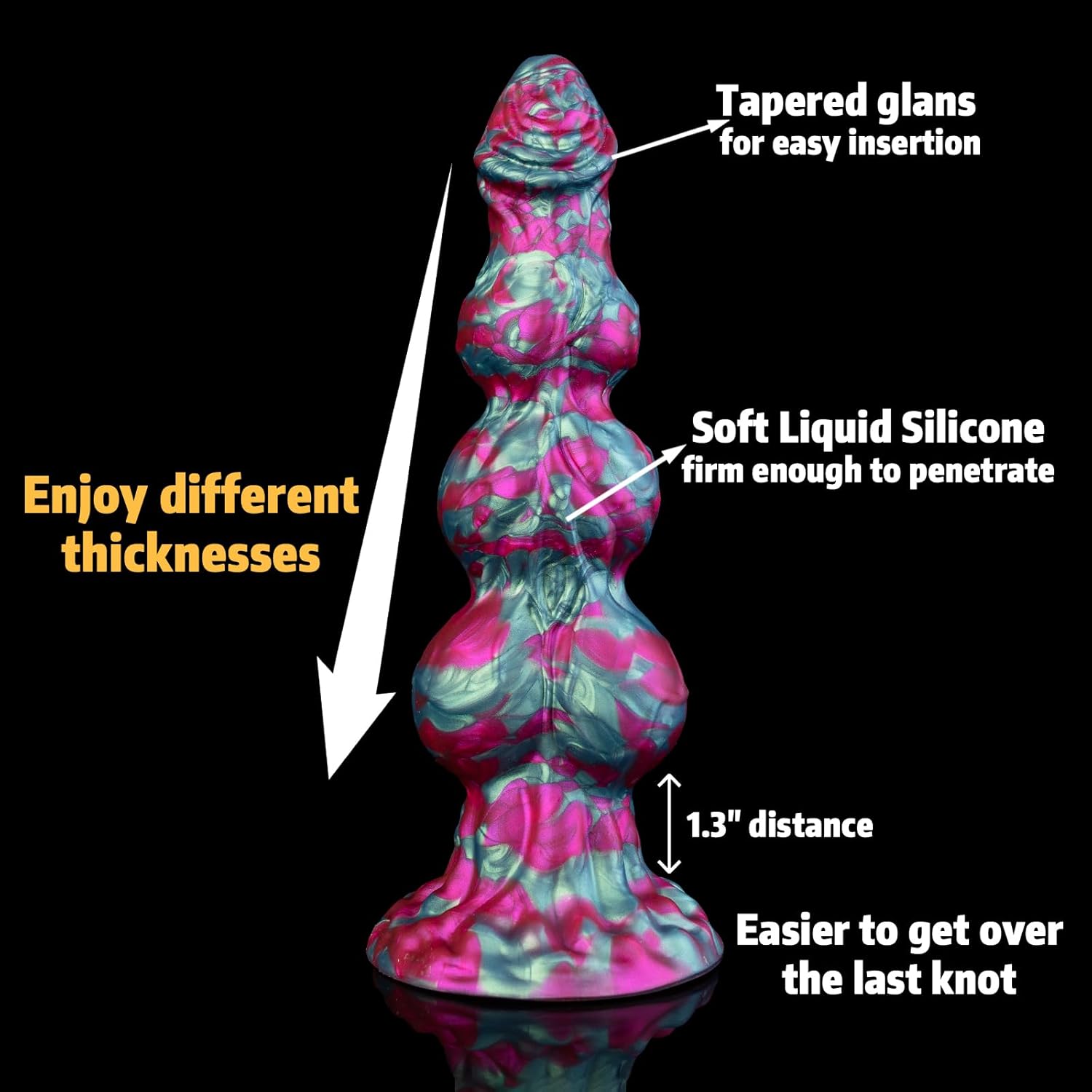XL Silicone Fantasy Knot Dildo featuring tapered glans, soft liquid silicone, and three unique knots for varied thickness.