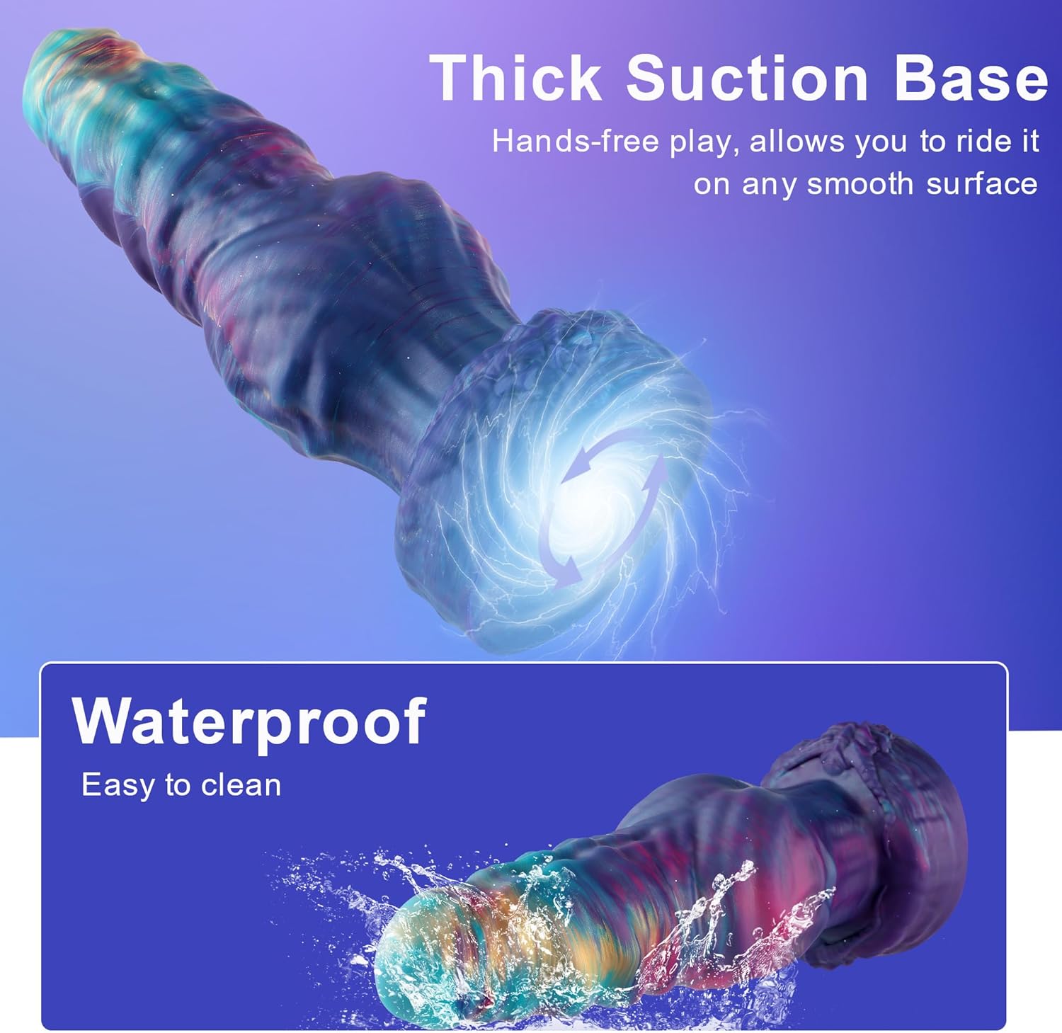 13 Large Silicone Fantasy Dildo with thick suction base and waterproof design, perfect for hands-free use on smooth surfaces.