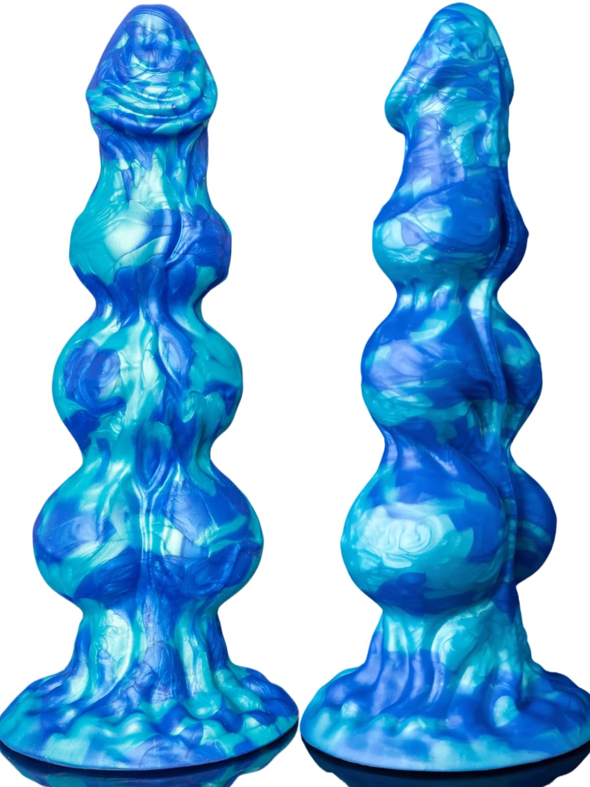 Thick Silicone Fantasy Knot Dildo with 3 knots, ideal for hands-free G-spot stimulation in vibrant blue colors.