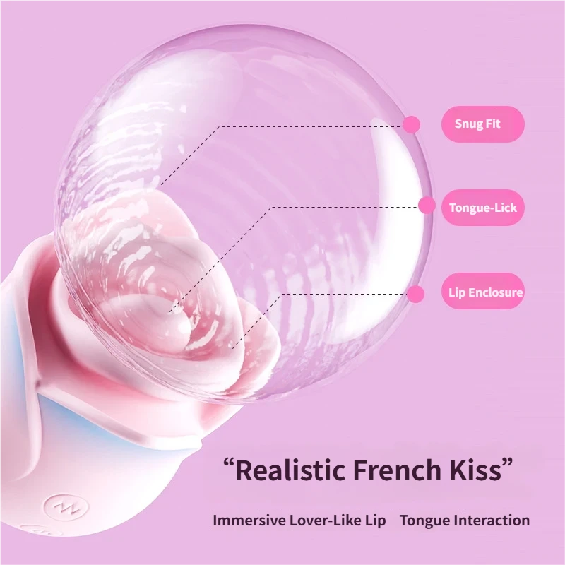Close-up of the Pink Blue Rose Heated Tongue Clit Vibrator featuring a realistic French kiss design with tongue-lick functionality.