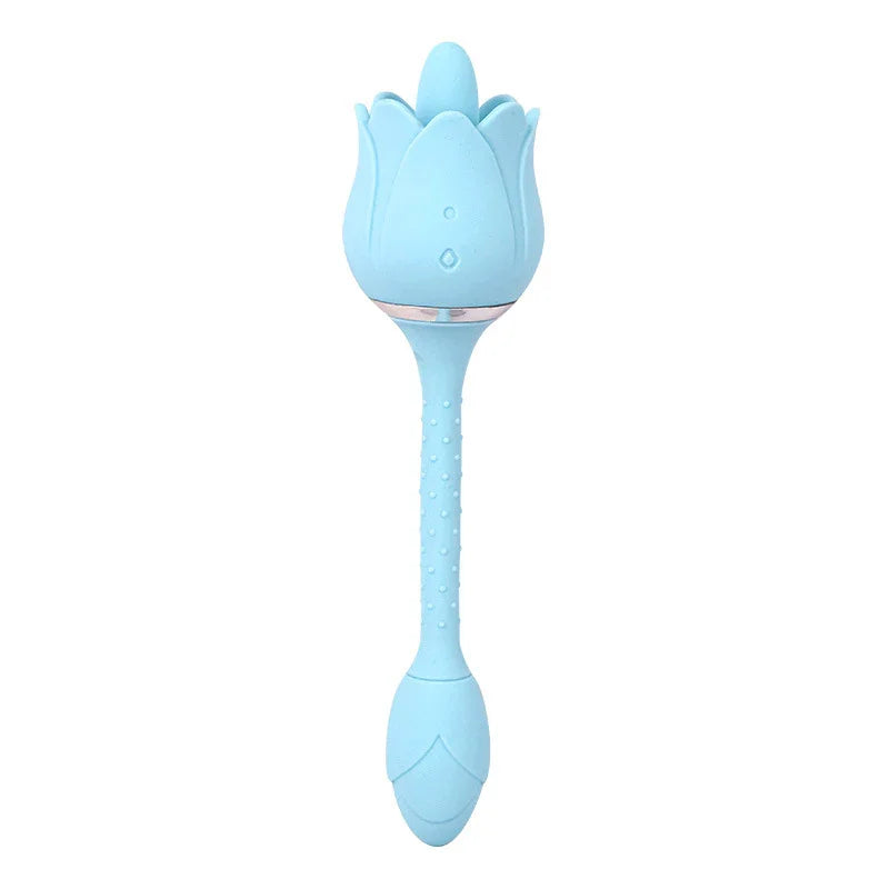 Light blue silicone flower-shaped massager with textured flexible handle