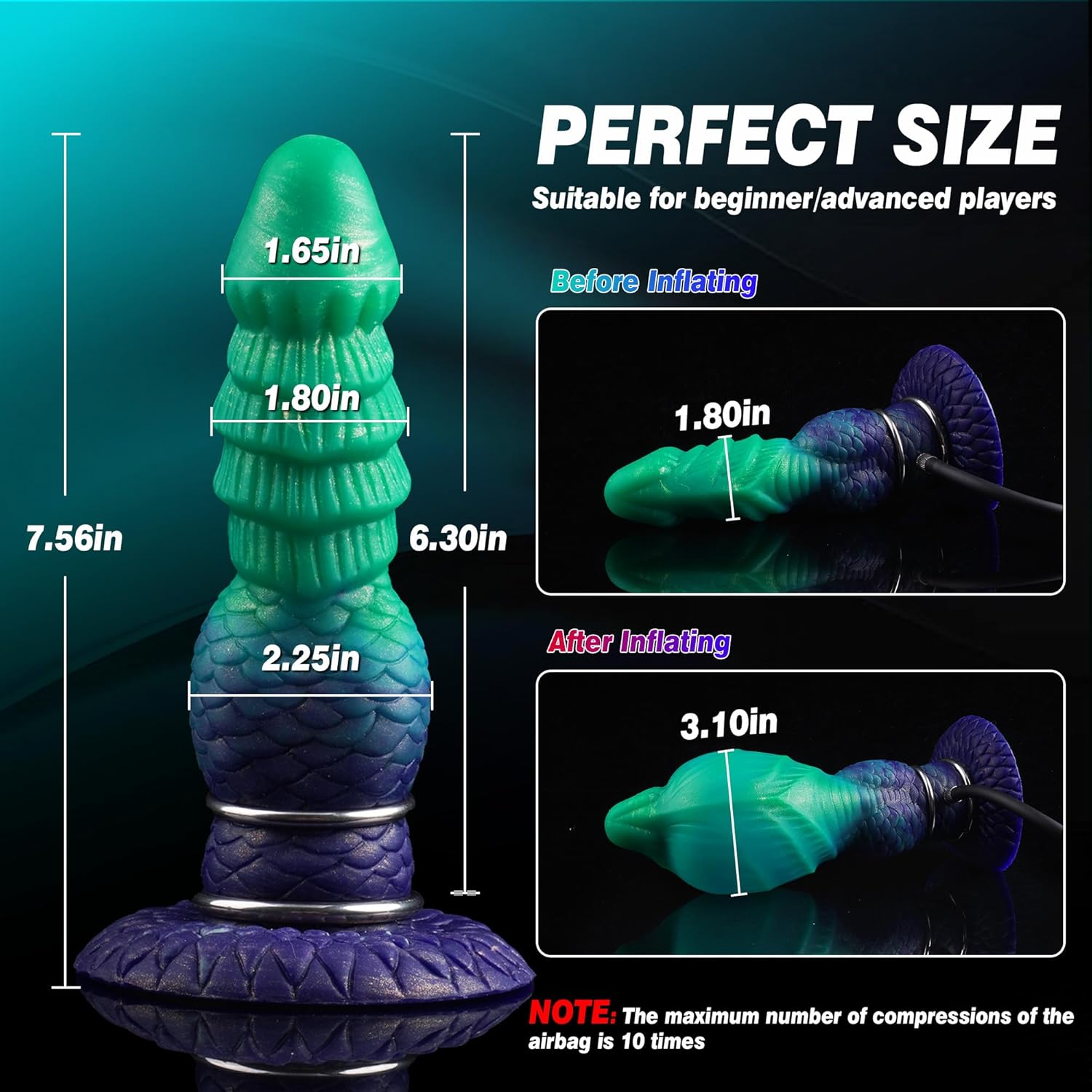 7.56 in Inflatable Silicone Fantasy Dildo with Adjustable Girth and Suction Base