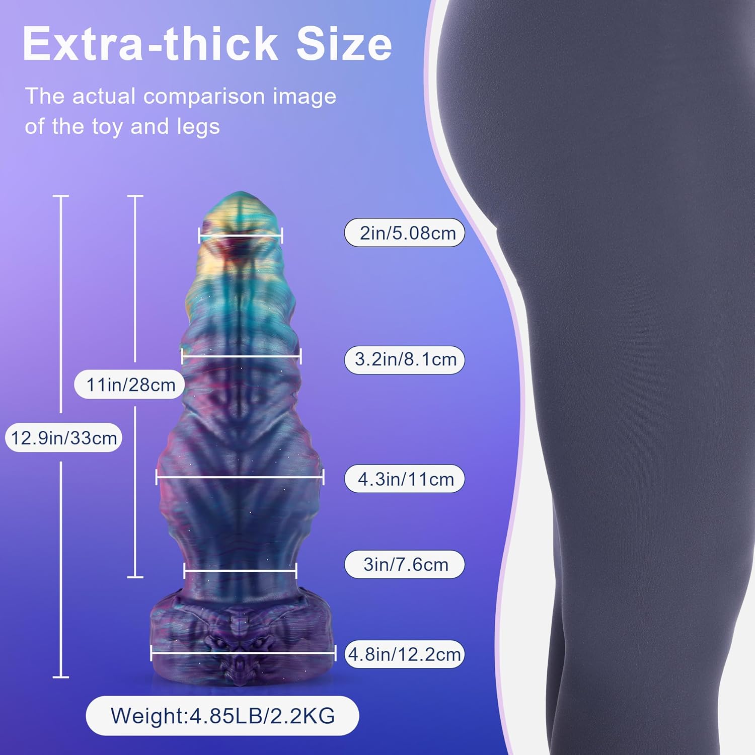 13 Large Silicone Fantasy Dildo with extra-thick size comparison to legs, featuring measurements and weight.