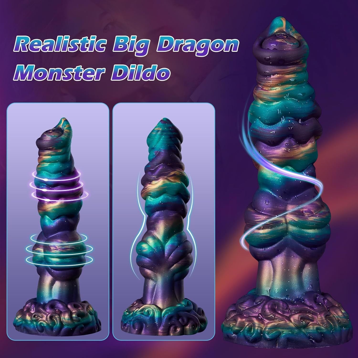 Realistic Big Dragon Monster Dildo featuring iridescent purple and teal design with unique swirling texture