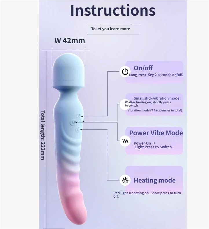 Instructions for blue pink gradient heating dildo wand showing vibration modes and heating feature.