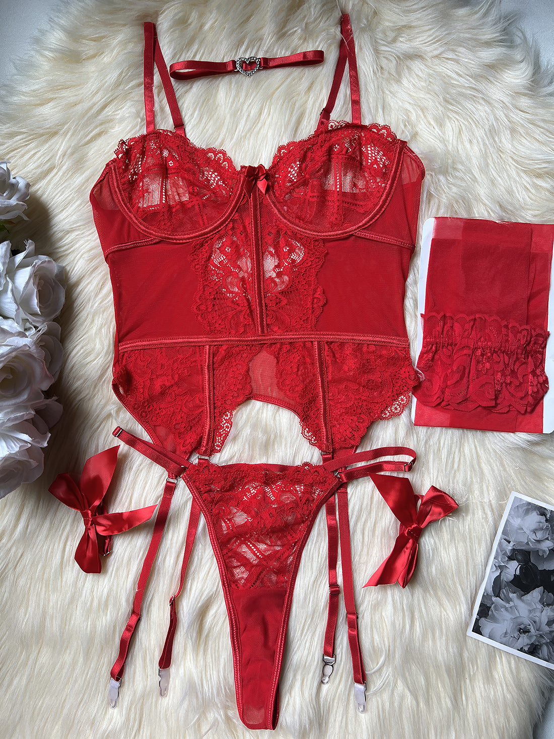 Women's Sexy Flora Lace Lingerie Garter Belt red autual photo