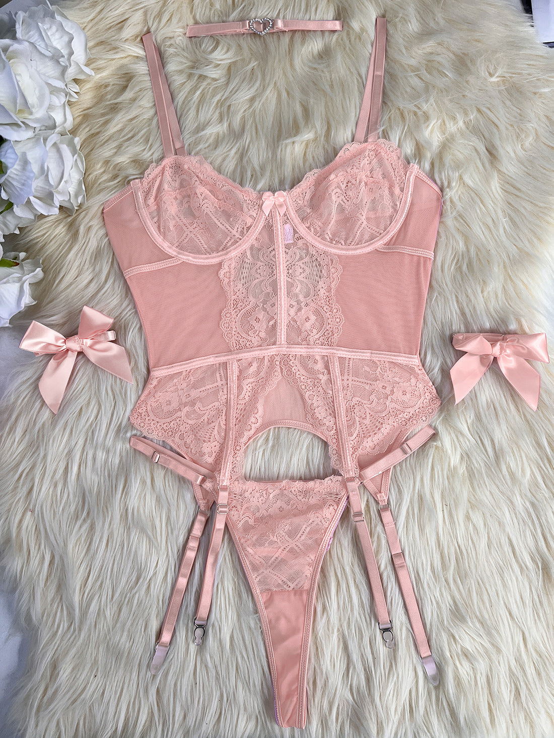 Women's Sexy Flora Lace Lingerie Garter Belt pink autual photo