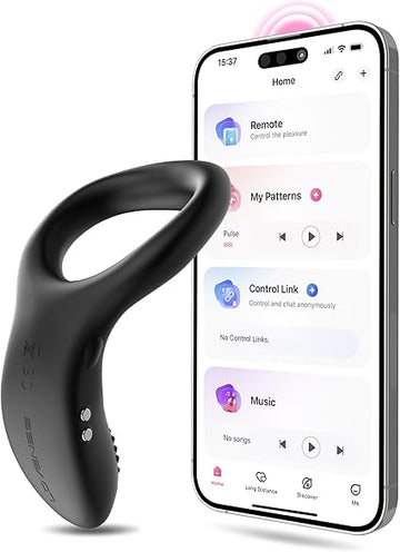 App Vibrating Penis Ring and smartphone displaying music sync features for enhanced pleasure.