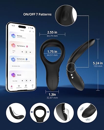 App Vibrating Penis Ring with music sync features, dimensions, and control options displayed on smartphone.