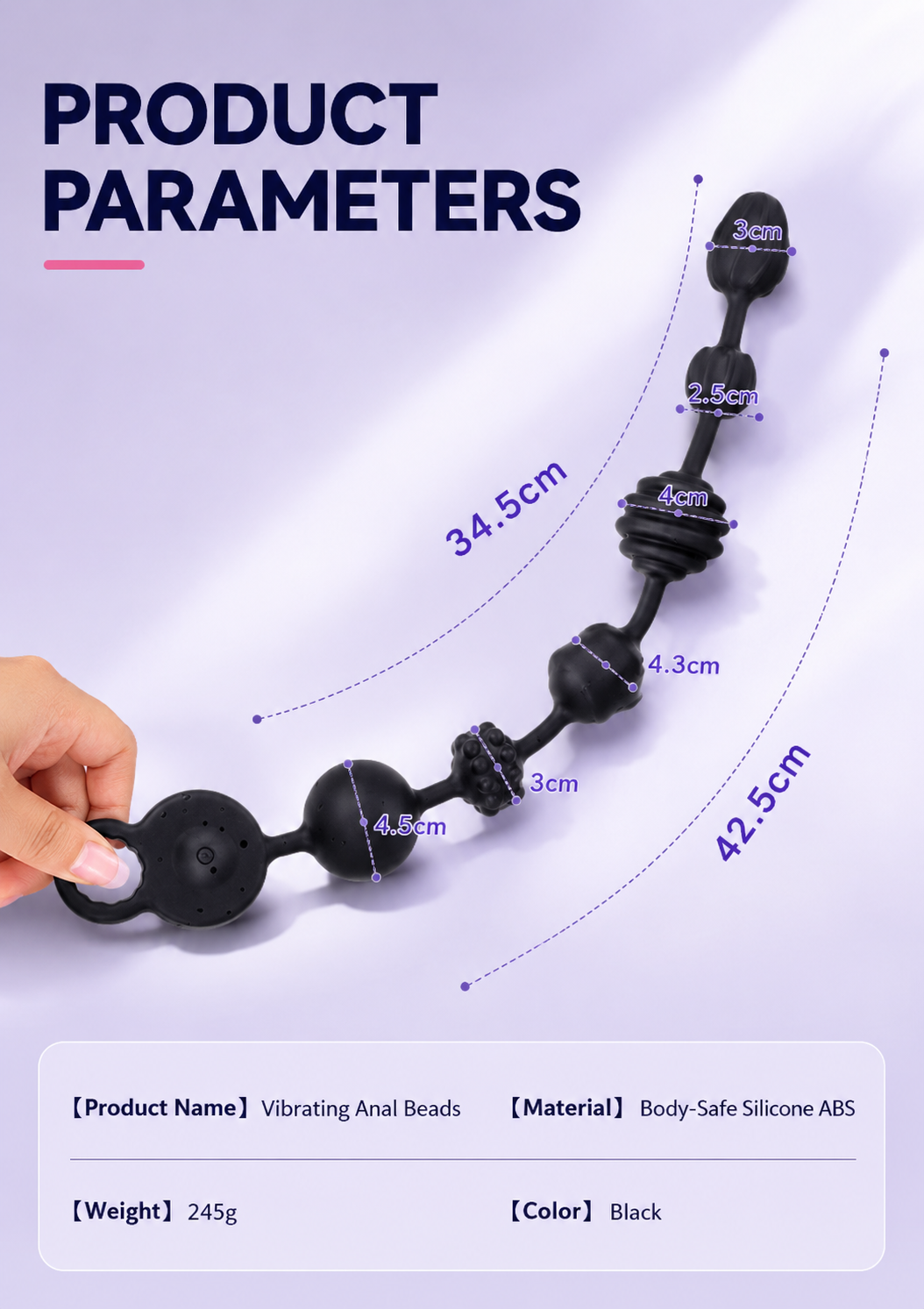10-Mode Vibrating Anal Beads, Extra Long Silicone Pleasure Plug