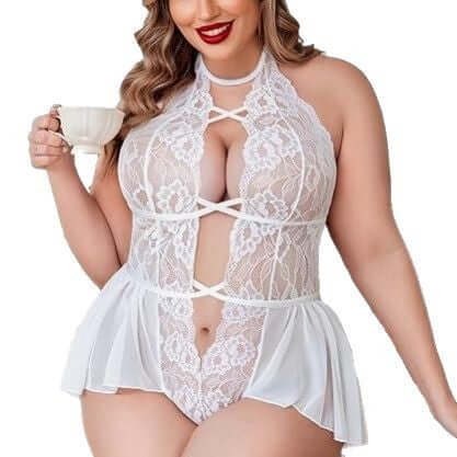 Sexy Plus Size Sheer Lace Deep V Neck Cross Halter Bodysuit Lingerie