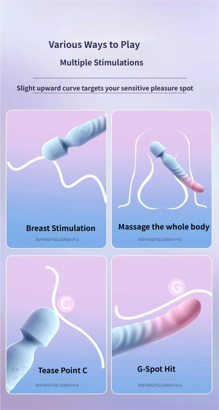 Image showing various ways to play with a blue pink gradient heating dildo wand for breast stimulation, whole body massage, tease point C, and G-spot hit.