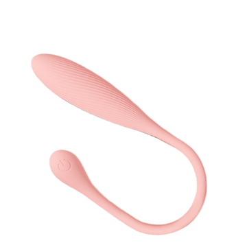 Pink mini G-spot vibrator with a looped tail on a white background.