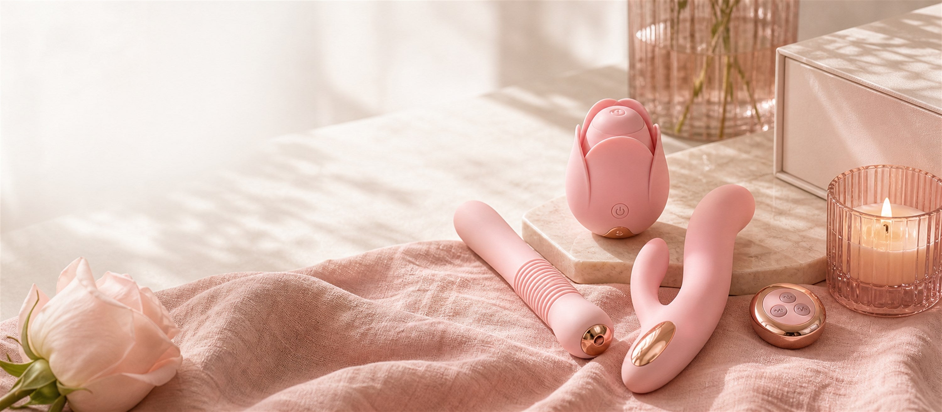 Premium intimate wellness products displayed on soft pink satin